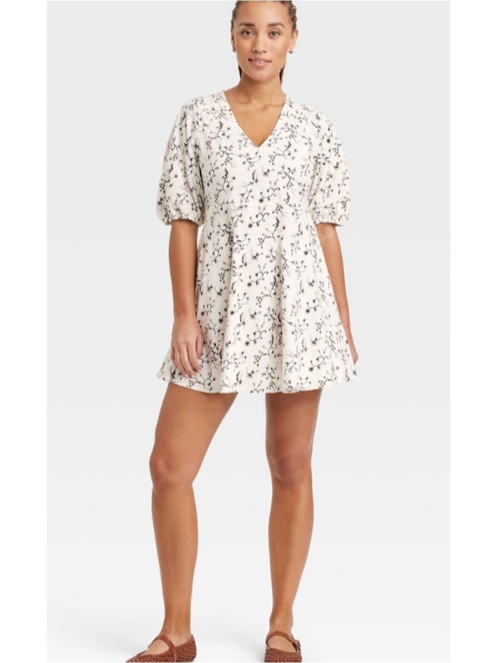 Universal Thread Bell Elbow Sleeve Mini A-Line Dress (White Floral - Large)